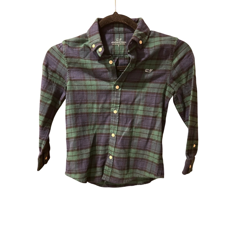 Vineyard Vines Boys Green Navy Black Watch Plaid Flannel Button Down Shirt 5